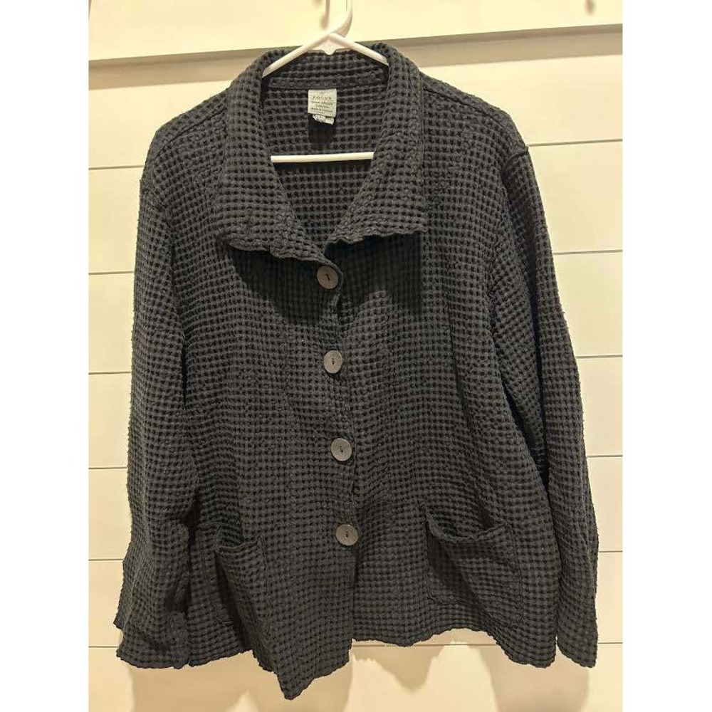 Focus Casual Lifestyle Black Waffle Knit Cotton Button Up Jacket C-602 Large